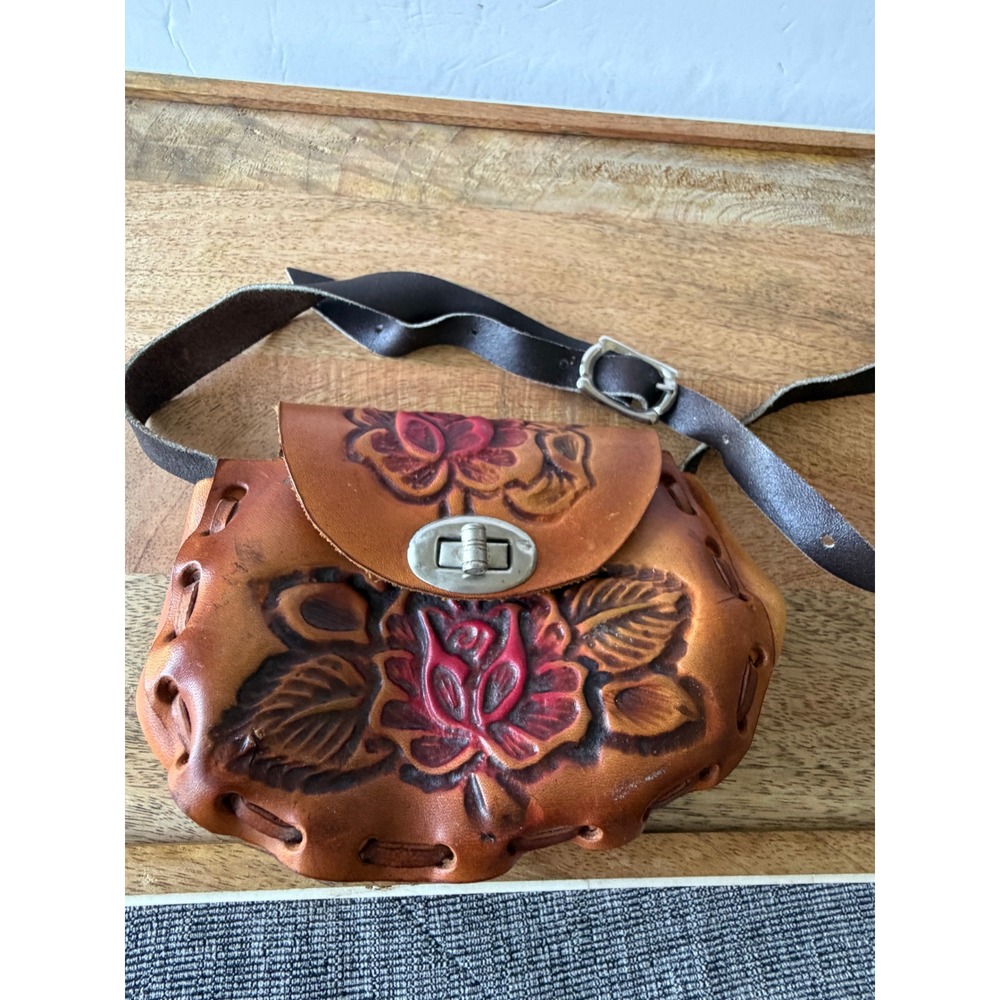 Vintage Hand Tooled Leather Floral Rose Crossbody Bag Tan Boho Western Small